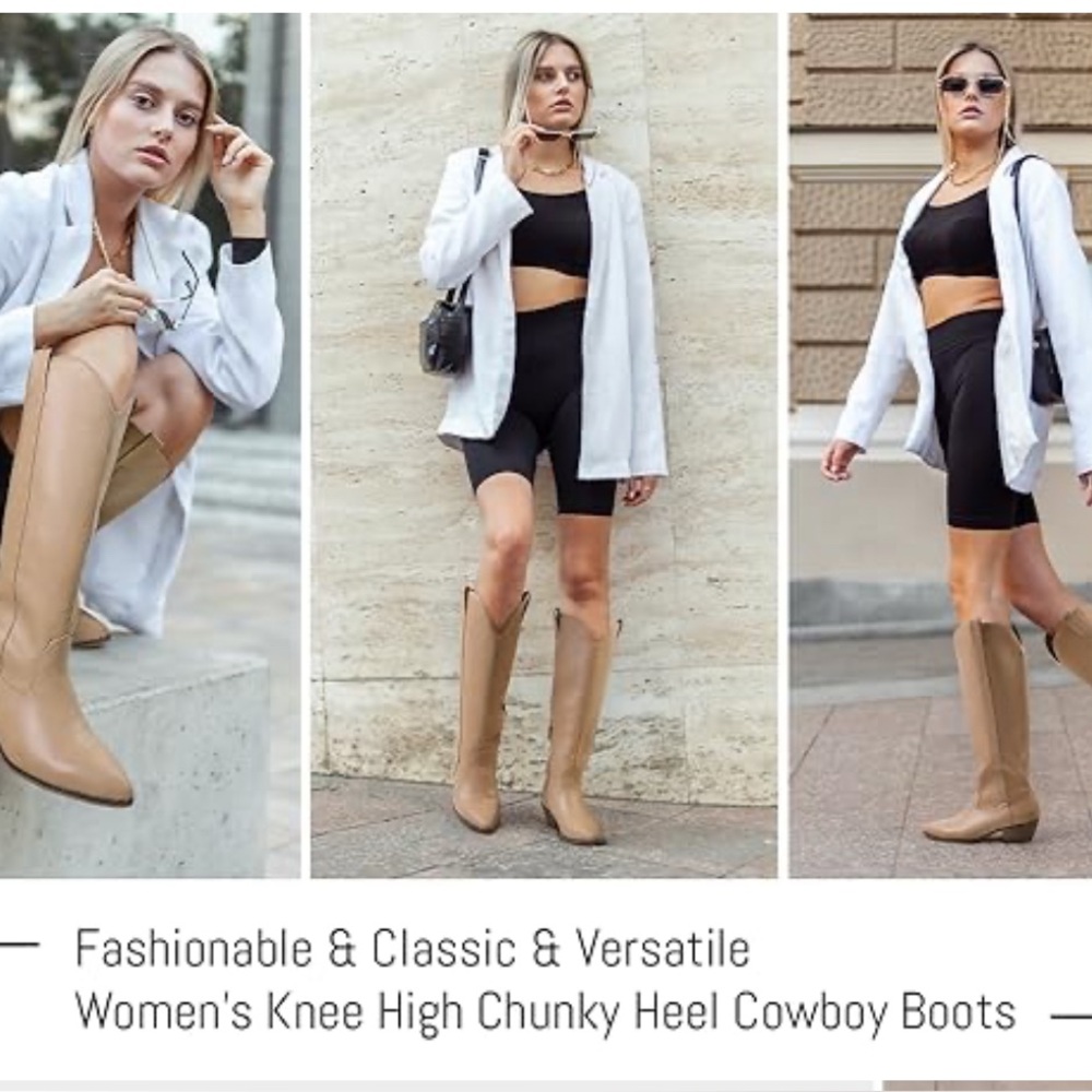 NWT Tan Knee-High Cowboy Boots / Vegan Leather / Faux Leather - Picture 13 of 17